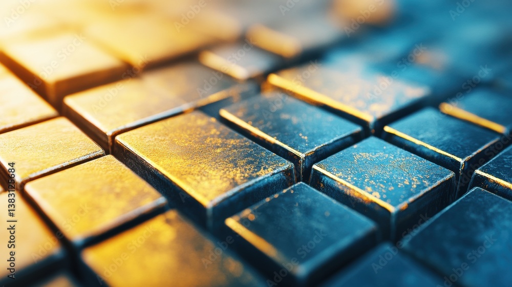 Poster shimmering metallic blocks form a textured surface illuminated by golden sunlight, highlighting thei