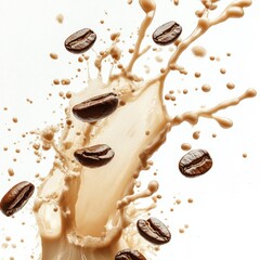Fototapeta premium Coffee beans in mid air with splash of milk on white background creating a dynamic and energetic scene ideal for advertising and product promotion
