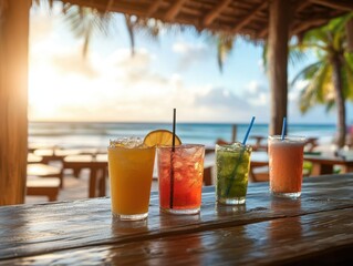 Tropical beach bar scene featuring colorful cocktails on a wooden counter with ocean sunset backdrop