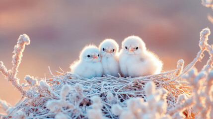 Concept: Innocence; Springtime: Three Fluffy Chicks Snuggled Together in a Cozy Nest, a heartwarming image for Easter greetings.