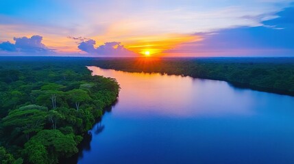 A stunning sunset over a serene river, framed by lush greenery, reflecting vibrant colors in the water, showcasing the beauty of nature.