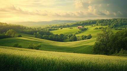 A peaceful countryside landscape with rolling green hills.