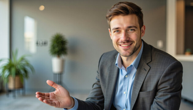 Modern portrait headshot of a friendly ceo executive business worker: A smiling businessman in a gray suit and light blue shirt gestures with an open hand while looking directly at the viewer in a m