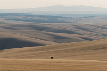 Obraz premium Farmer gathers ripe barley in vast, golden field at dusk in a tranquil rural landscape
