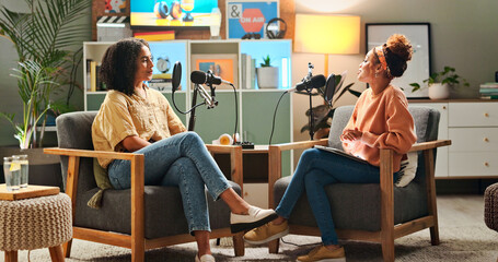 Women, live stream and podcast with story, conversation and home studio with questions on social...