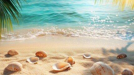 Beach seashells sand ocean waves palm tree summer vacation tropical paradise idyllic coastline seascape view 1