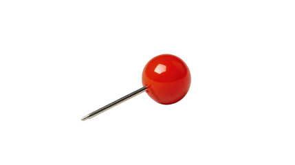 A close up shot of a single red push pin with a silver needle on a black isolated background space