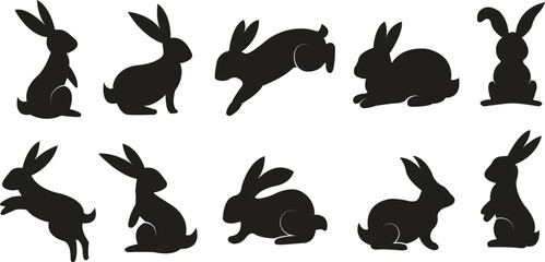 Bunny rabbit silhouettes icon set. Easter bunny. Cutie bunnies isolated on transparent background. Suitable for logo, emblem, pictogram, print, design element for greeting card. Vector illustration.