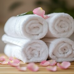 Soft white towels arranged neatly with pink petals scattered on a wooden surface in a tranquil spa setting