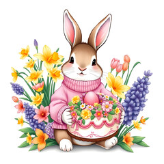 Cute Bunny with Easter Cake and Flowers