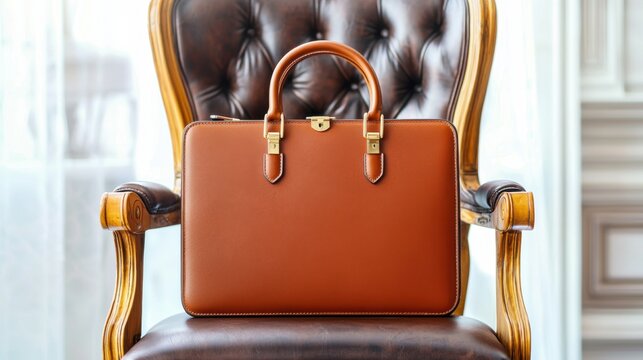 A structured leather briefcase with gold accents resting on a designer chair, refined business elegance, professional essentials, fashion, confidence