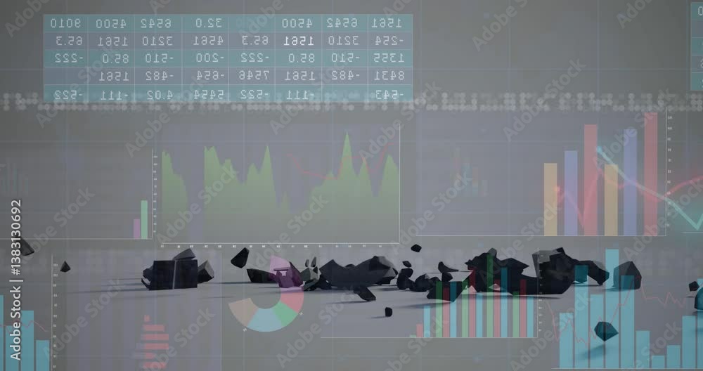 Poster abstract geometric shapes with financial graphs and data processing animation