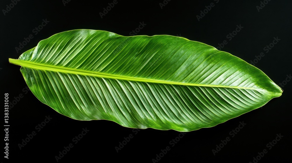Poster vivid green banana leaf against a dark background showcasing intricate vein patterns and natural tex