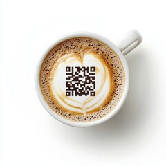 Top down coffee cup with milk foam printed as QR code, centered on white, concept of digital cafe culture