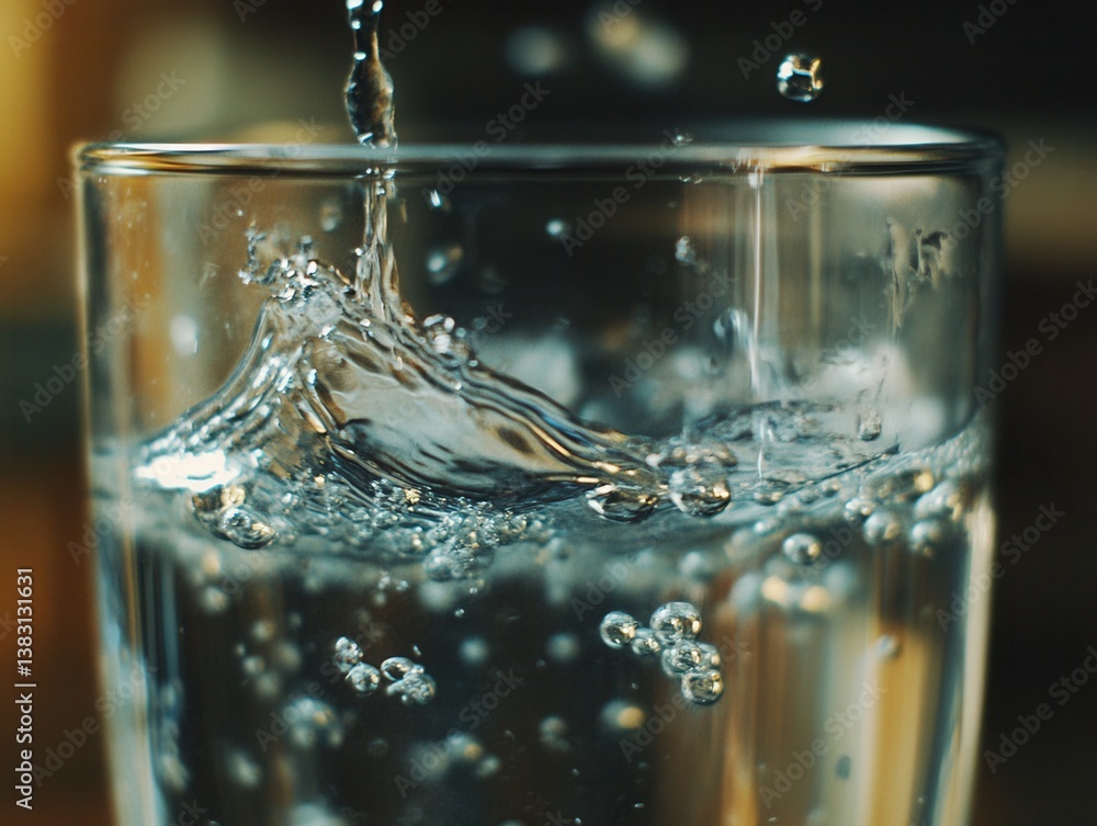Aufkleber refreshing water pouring into glass creating splashes and bubbles in a dark background with a close 