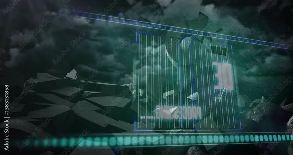Poster deleting files text appearing over shattered 3d shapes and cloudy sky in animation