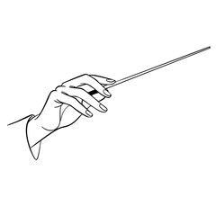 A line art, abstract hand elegantly holding a baton mid-air, ready to conduct
