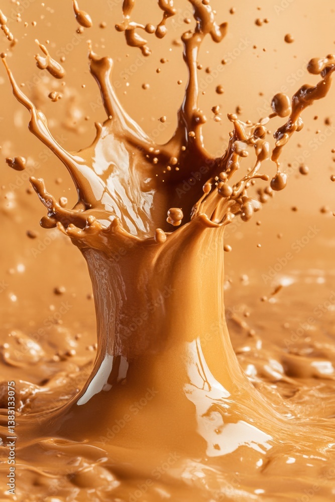 Poster dynamic chocolate splash in a captivating close up shot against a monochromatic brown background cre