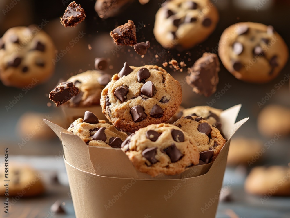 Poster captivating chocolate chip cookies in a paper container with falling chunks creating a delightful an