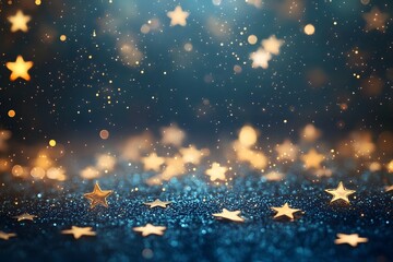 Star shaped glitter on a blue surface with bokeh lights in the background.