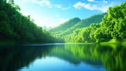 A serene landscape featuring lush green trees reflecting in a calm river under a bright blue sky.