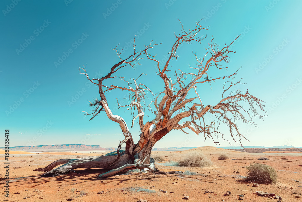 Poster tree with no leaves is standing in a desert