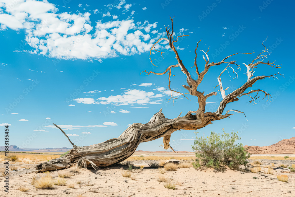 Poster tree trunk is leaning against a rock in a desert