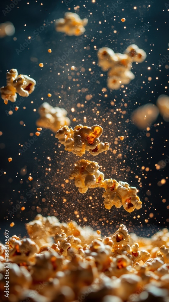 Poster cinematic popcorn explosion against a dark backdrop creating a dynamic and appetizing food photograp