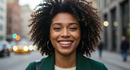 Smiling young Afro-American woman with natural curls in cityscape