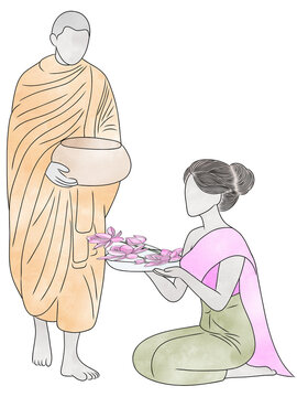 Buddhist lent day concept.Buddhist person press the hands together at the chest or forehead in sign of respect or prayer.Buddhist offering,creative with illustration in flat design.