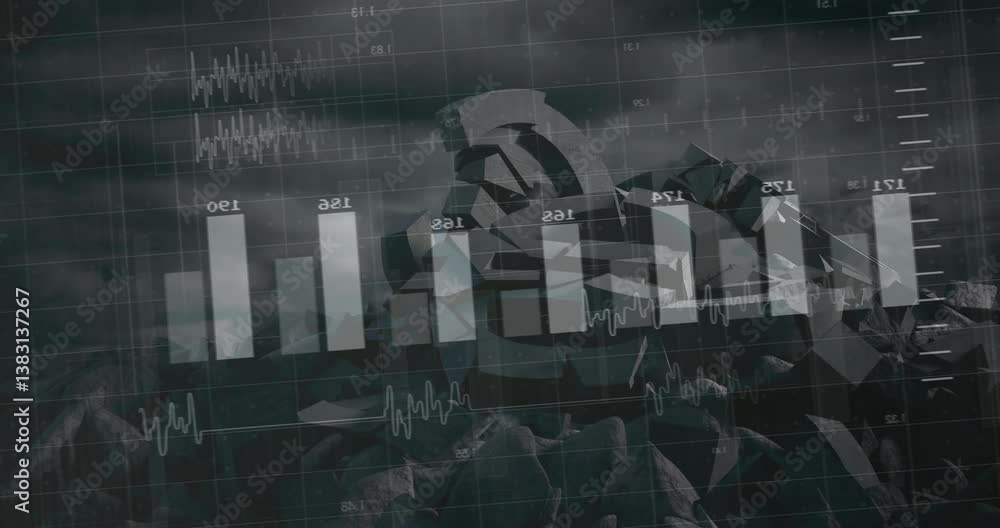 Poster overlaying rocky landscape, animation of bar graphs and data charts with cloudy sky