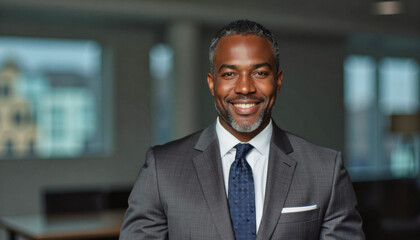 Fototapeta premium Modern portrait headshot of a friendly ceo executive business worker: A confident, middle-aged Black man in a suit smiles directly at the camera in a modern office setting.