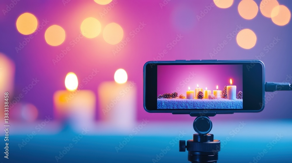 Poster a smartphone captures a serene scene of glowing candles against a colorful bokeh background, creatin