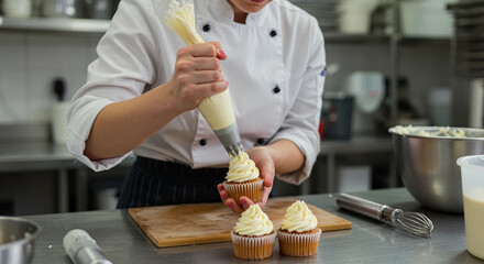 Pastry chef piping cream onto cupcake in soft natural light