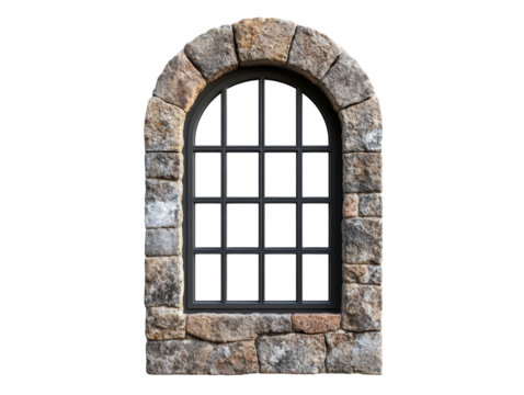 Rustic arched stone window design for historical architecture on a transparent background, cut out