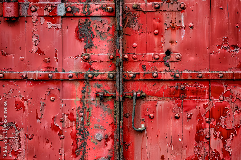 Poster the red door has a rusty lock and is covered in rust