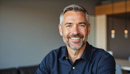 Modern portrait headshot of a friendly ceo executive business worker: A handsome, mature man with graying hair and a beard warmly smiles at the camera while wearing a dark navy button-down shirt.