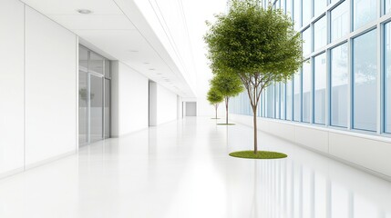 Obraz premium Modern office hallway, trees, sunlight, glass windows, sustainable design, architecture