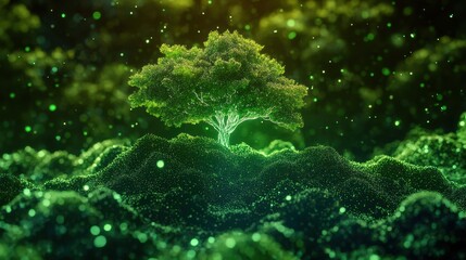 Fototapeta premium Glowing Green Tree in a Magical Particle Landscape: A Digital Nature Scene of Serenity and Renewal