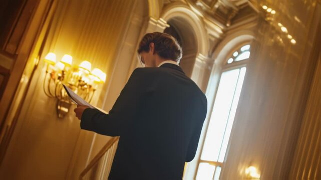 The diplomat leans slightly forward a serious expression on their face as they highlight key points in their notes. The grandeur of the hall glimmers in the background with high ceilings