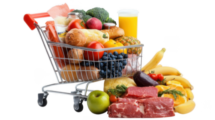 A shopping cart overflowing with a variety of fresh produce meat and other grocery store items on display