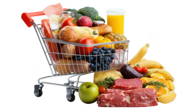 A shopping cart overflowing with a variety of fresh produce meat and other grocery store items on display