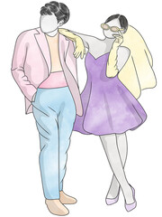 Hand drawn, bride and groom.Wedding Ceremony Marry,creative with illustration in flat design.Couple of love.