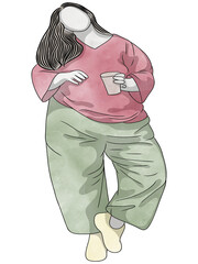 Portrait with Woman plus size.Hand drawn.Creative with illustration in flat design,watercolor.