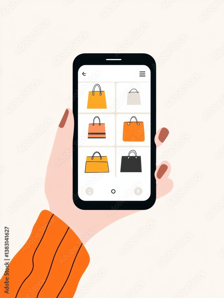 Aufkleber Hand holding smartphone while browsing an online shopping app with stylish UI elements and various handbag options displayed