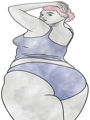 Portrait with Woman plus size wearing sport bra.Hand drawn.Creative with illustration in flat design,watercolor.