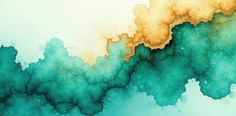 Abstract teal and gold watercolor wash, blurred edges , hue, gold