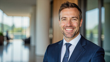 Fototapeta premium Modern portrait headshot of a friendly ceo executive business worker: A smiling, well-dressed man with short dark hair and a slight beard confidently looks at the camera while standing in a modern, 
