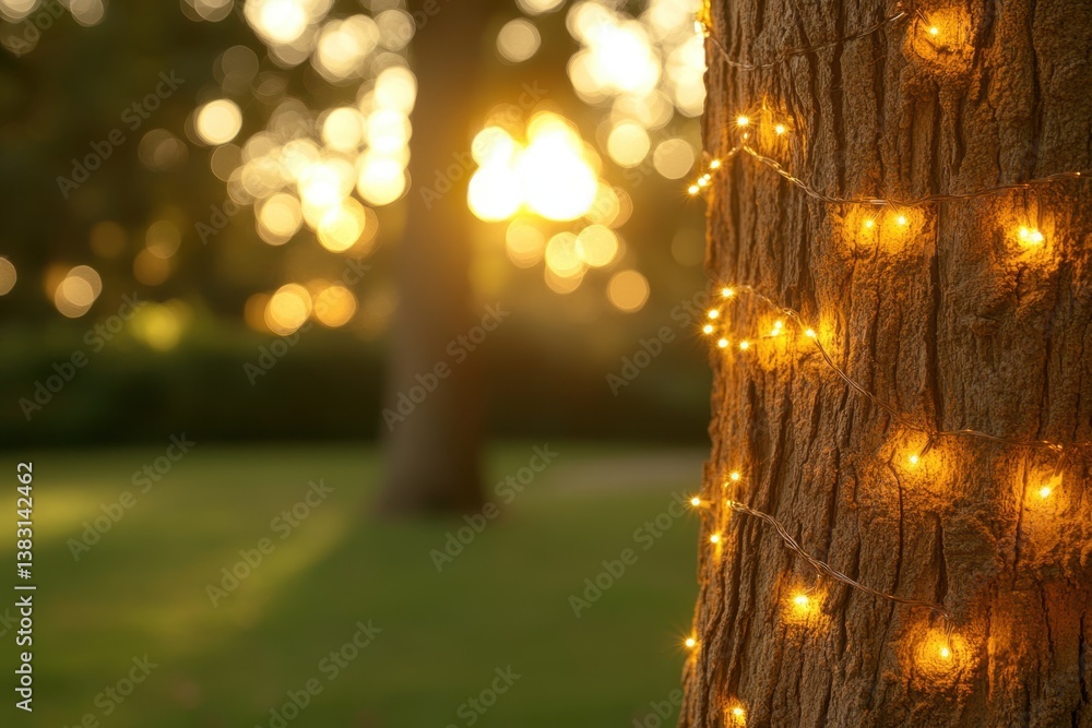 Poster enchanting warm light string on bark tree trunk in park at sunset with bokeh background and soft foc