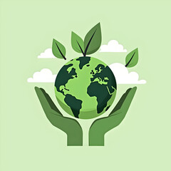 Sustainable Earth Concept – Eco-Friendly Green Planet with Hands Holding the Globe, Leaf Growth, and Clouds – Environmental Conservation, Nature Protection, Renewable Energy, and Sustainability Symbol